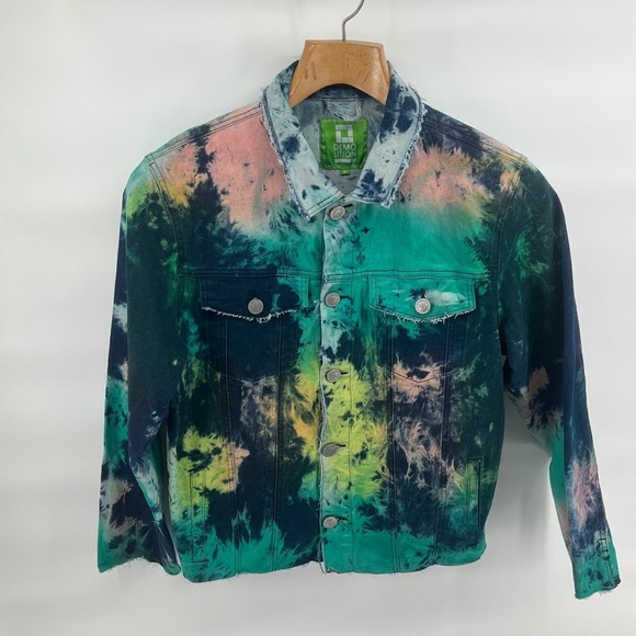 Demolition Tie Dye Denim Jacket Medium Distressed Raw Hem Multicolor Streetwear - Picture 2 of 8